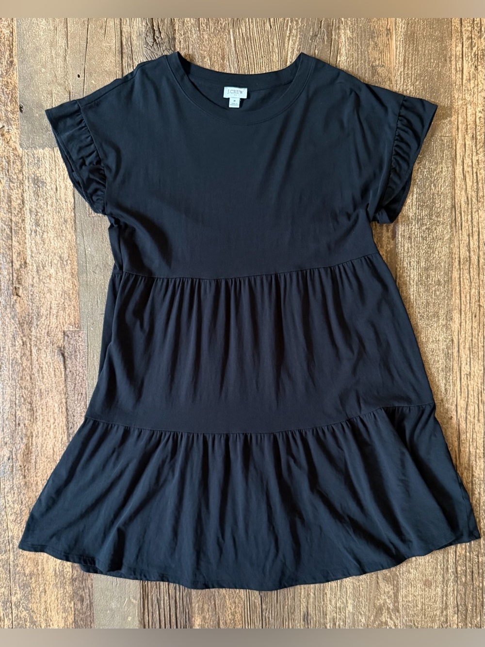 J.Crew Black Flutter Sleeve Tiered T-Shirt Dress M 100% Cotton BR891